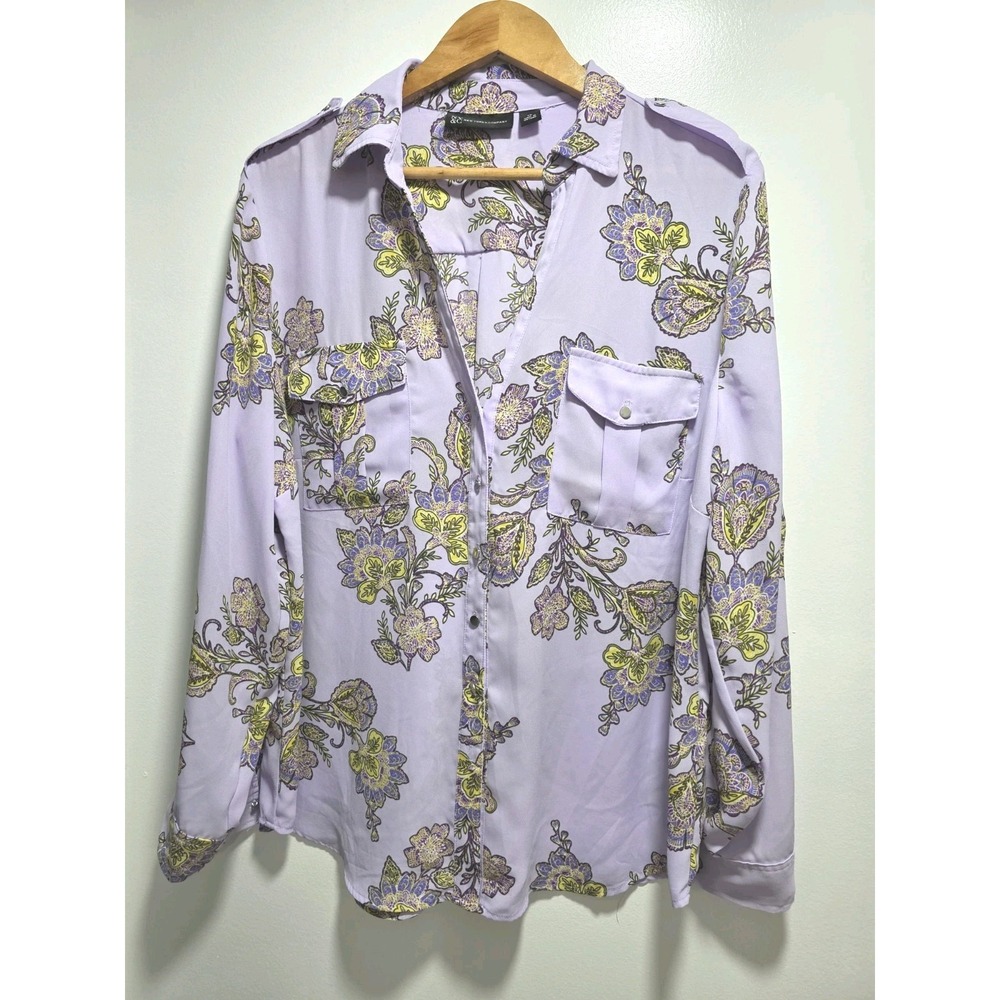 NY & C New York Company Women's Blouse Floral V Neck Button Up Size XL Top